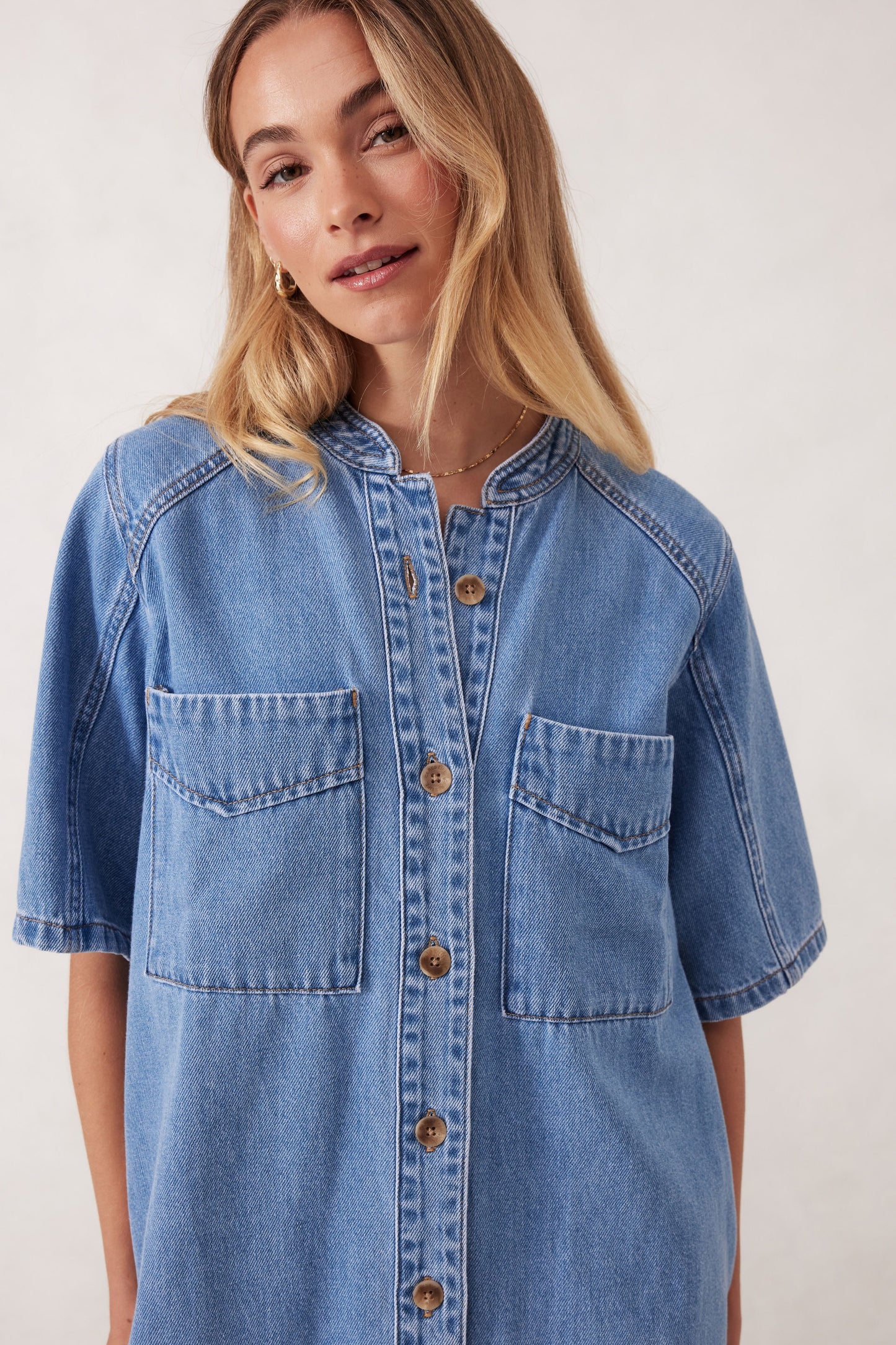Collarless Relaxed Short Sleeve Denim Dress