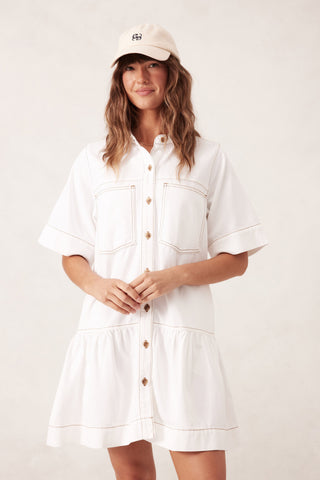 Short Sleeve Tiered Pocket Shirt Dress | Fresh Ecru