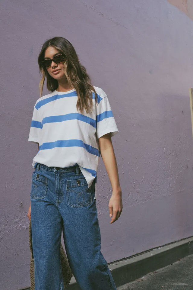SLOUCHY SPLIT HEM TE/VANILLA/POOL BLUE BOLD STRIPE