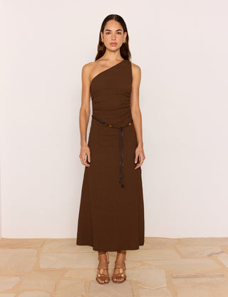 Delphine One-Shoulder Brown Midi Dress with Beaded Belt