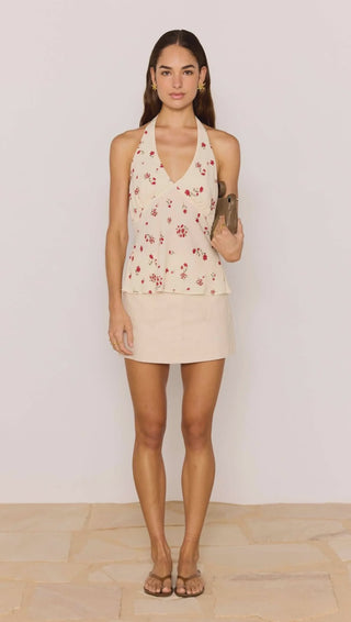 Red & Cream Floral Halter Bias Top