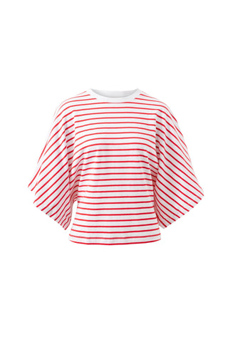 Lucy Relaxed Sleeve Tee - White/Heritage Red Stripe, product on white background