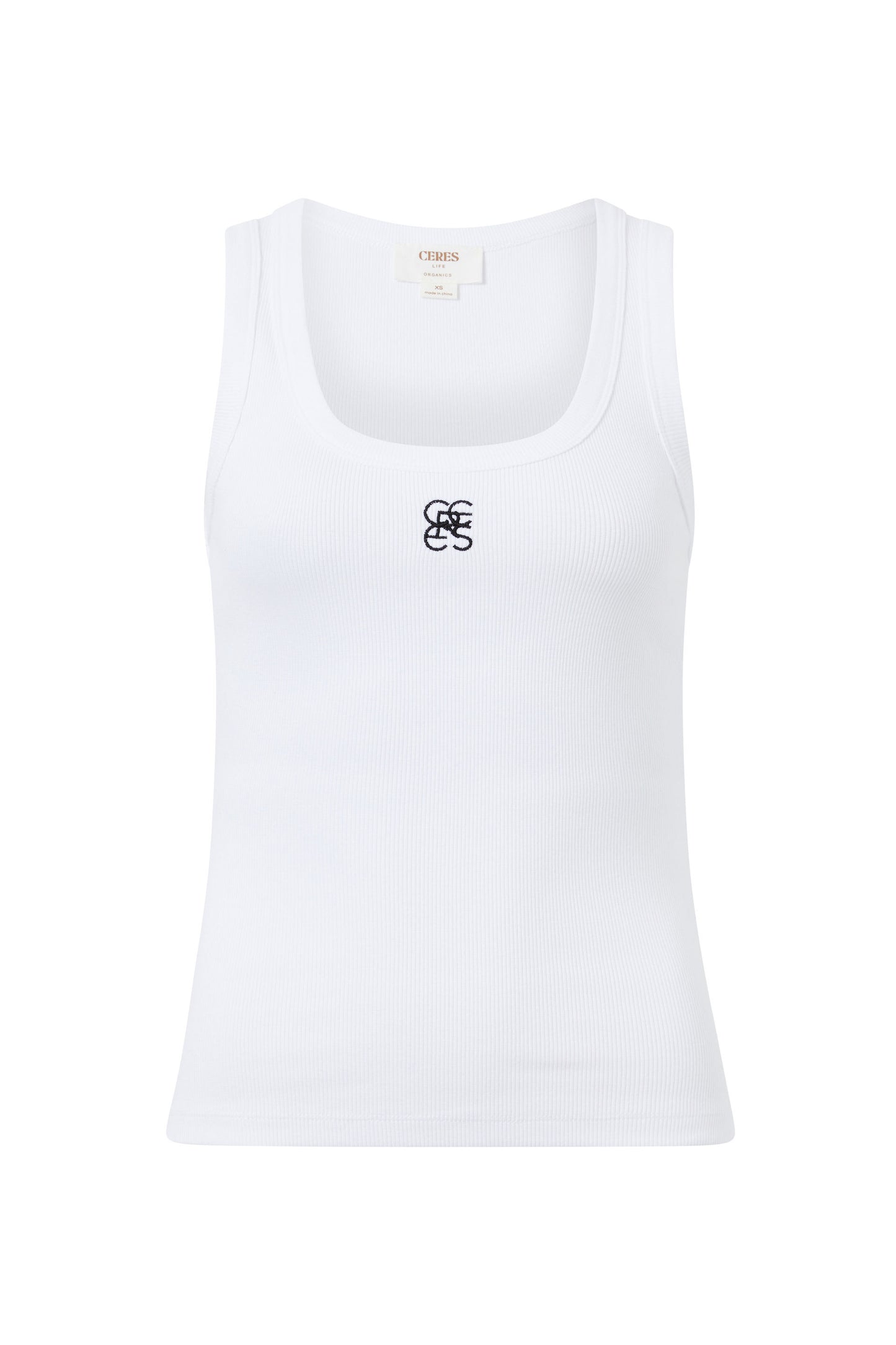 CONTOUR RIB SCOOP TANK GREY MARLE BLACK EMBROIDERY