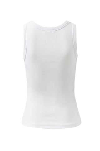 Zoe Contour Rib Scoop Tank - White/Black Monogram Embroidery