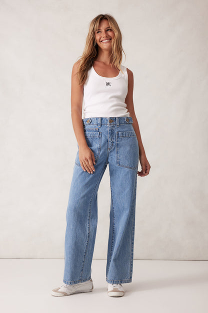 CONTOUR RIB SCOOP TANK GREY MARLE BLACK EMBROIDERY