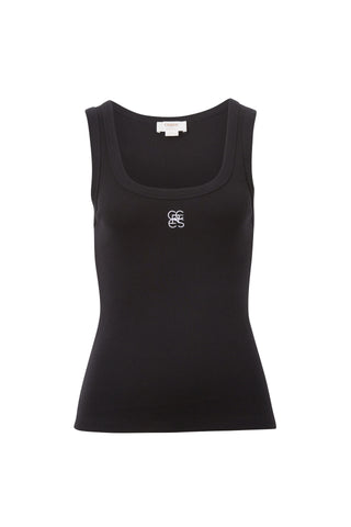 ZOE CONTOUR RIB SCOOP TANK/BLACK/WHITE MONOGRAM EMBROIDERY