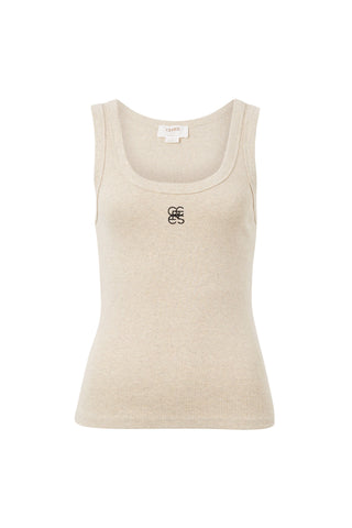 Zoe Contour Rib Scoop Tank - Oatmeal/Black Monogram Embroidery - Front