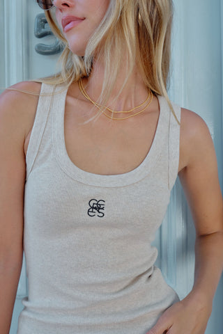 Zoe Contour Rib Scoop Tank - Oatmeal/Black Monogram Embroidery - Additional 1