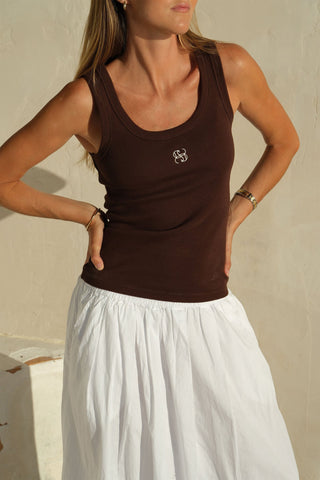 Zoe Contour Rib Scoop Tank - Chocolate/Monogram Embroidery