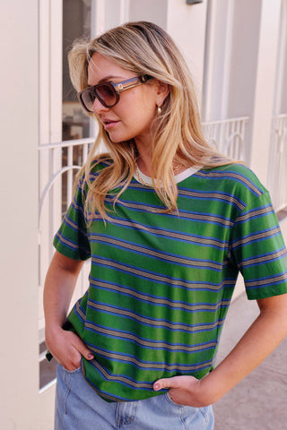 Stevie Slouchy Tee - Basil/Blue Stripe, styled view