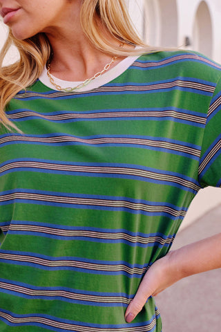 Stevie Slouchy Tee - Basil/Blue Stripe, back view