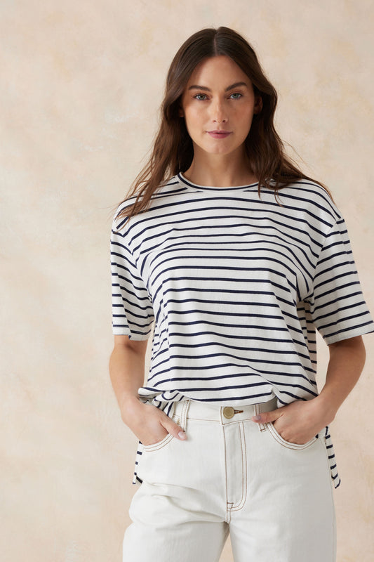 Slouchy Split Hem Tee | Phantom Stripe/Vanilla