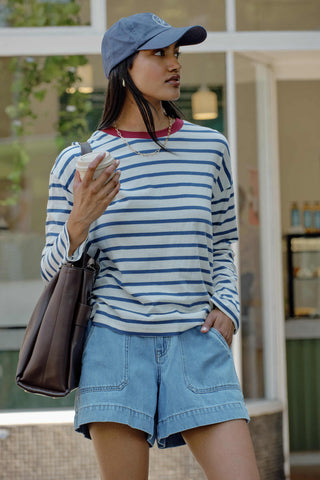 Scout Slouchy Long Sleeve Tee - Milk/Prussian Blue Stripe