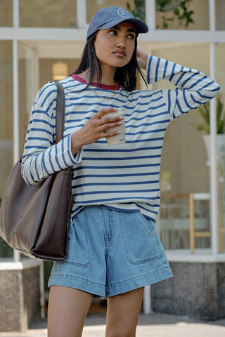 Scout Slouchy Long Sleeve Tee - Milk/Prussian Blue Stripe
