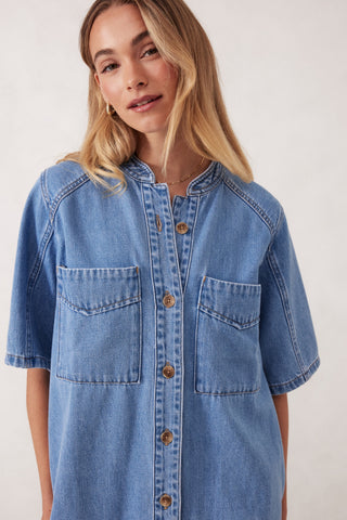 Collarless Relaxed Short Sleeve Denim Dress