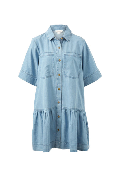 Short Sleeve Tiered Pocket Shirt Dress