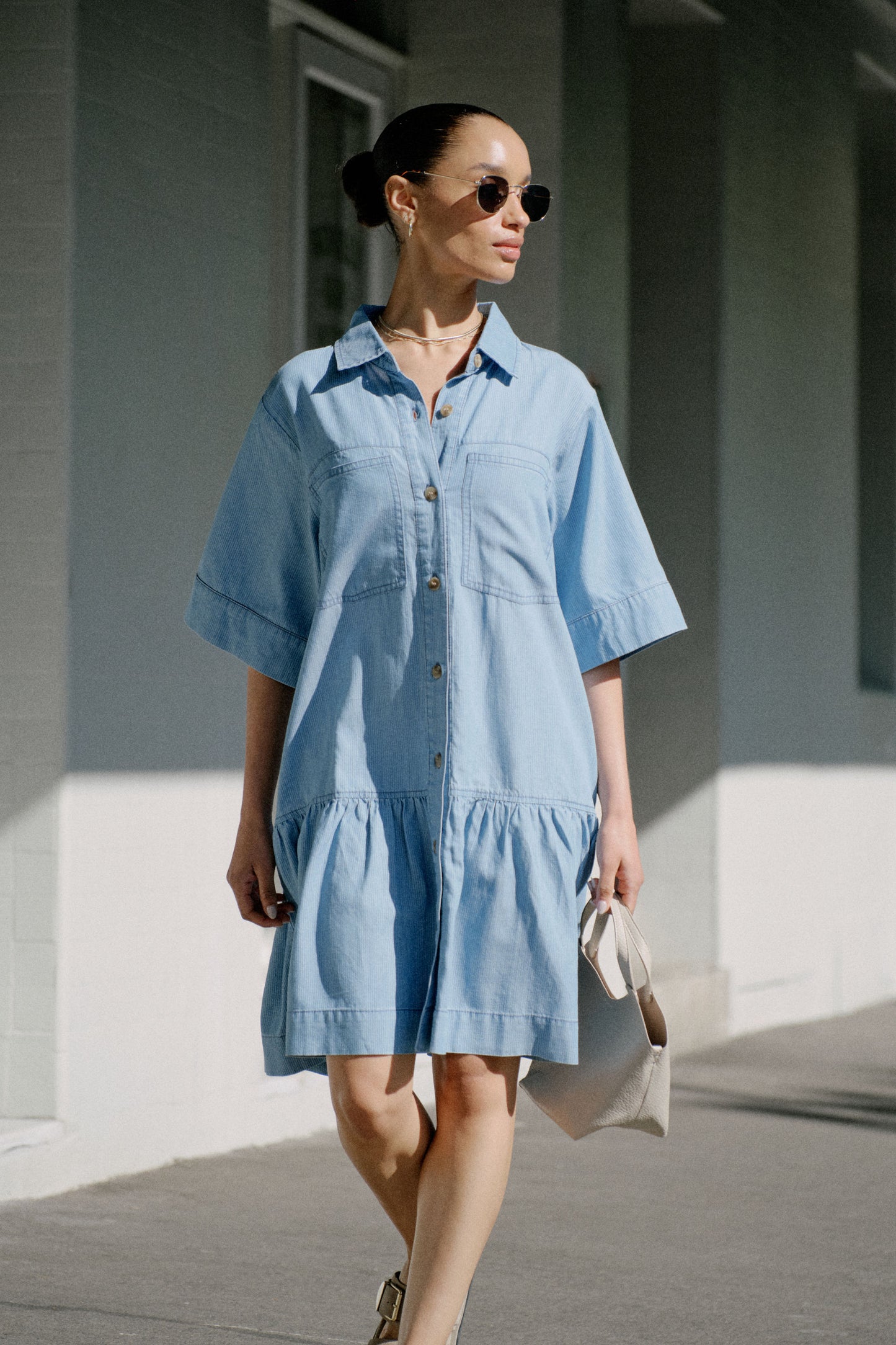 Short Sleeve Tiered Pocket Shirt Dress