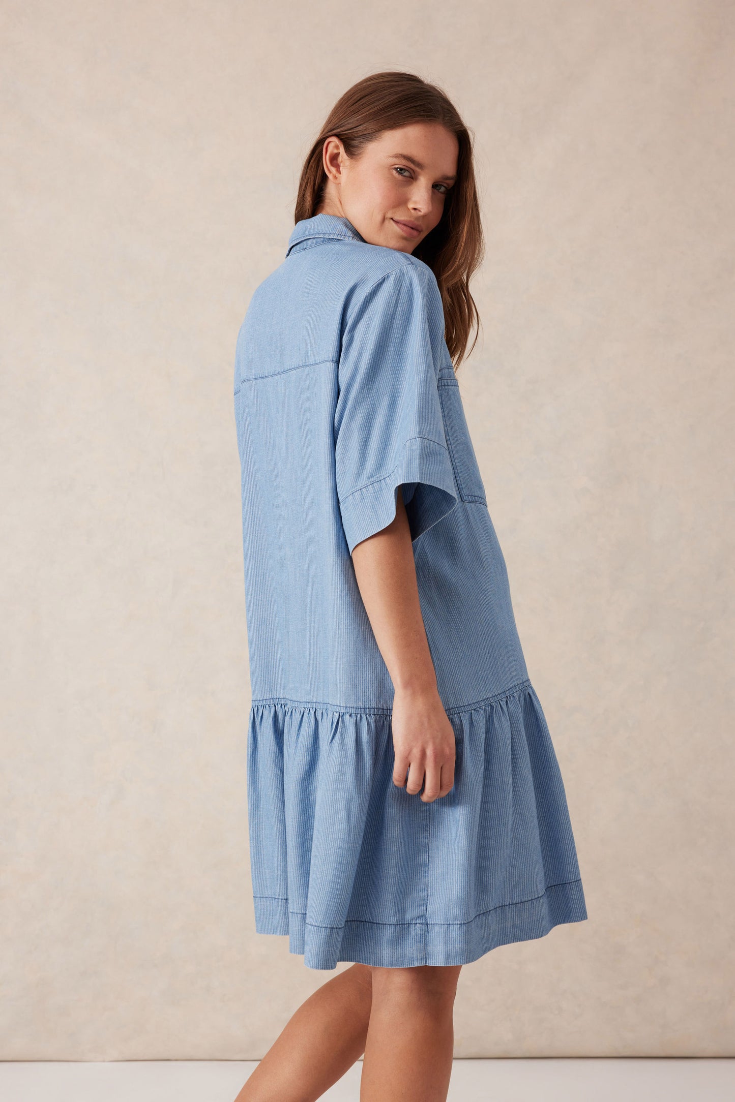 Short Sleeve Tiered Pocket Shirt Dress