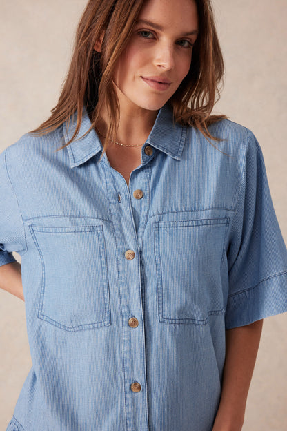 Short Sleeve Tiered Pocket Shirt Dress