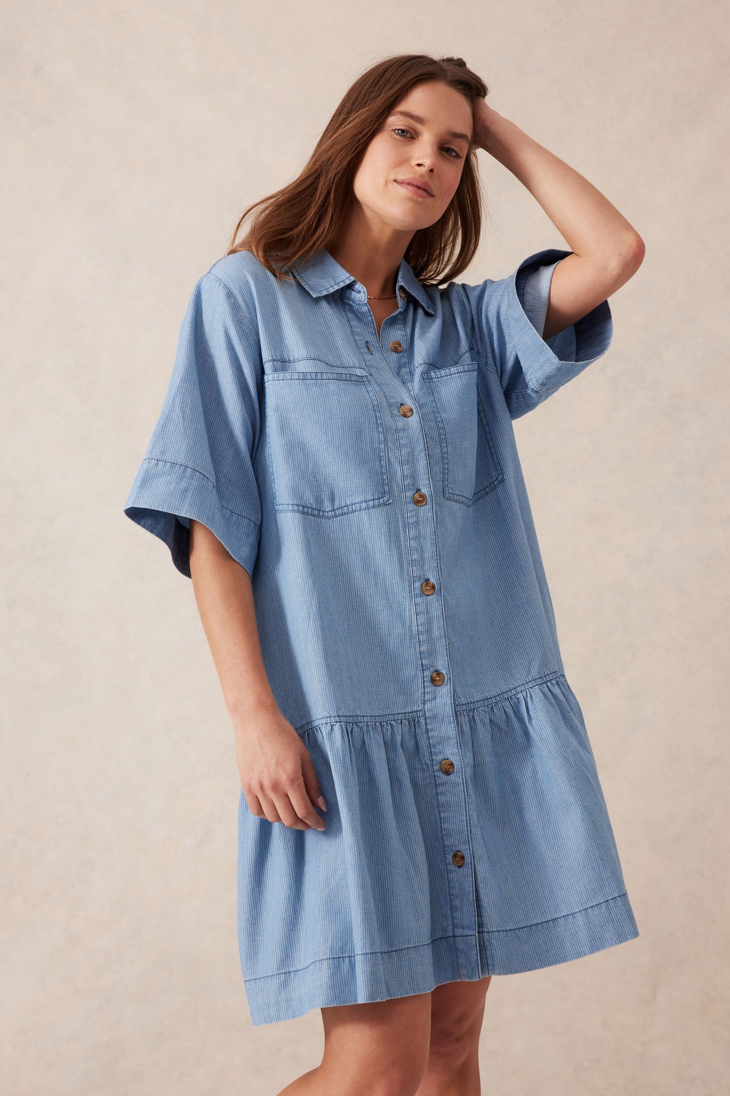 Short Sleeve Tiered Pocket Shirt Dress