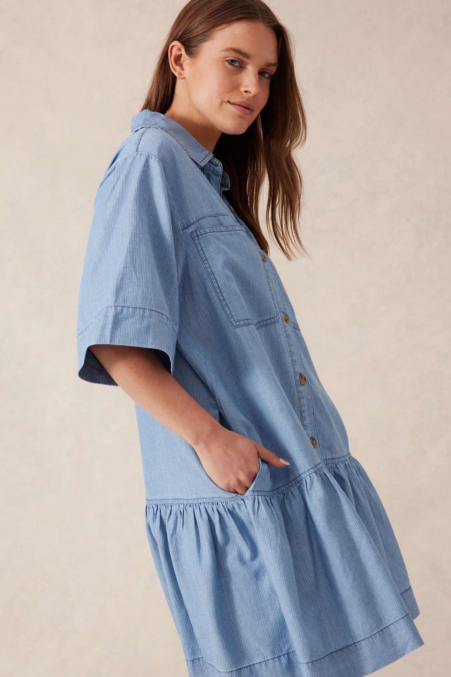 Short Sleeve Tiered Pocket Shirt Dress