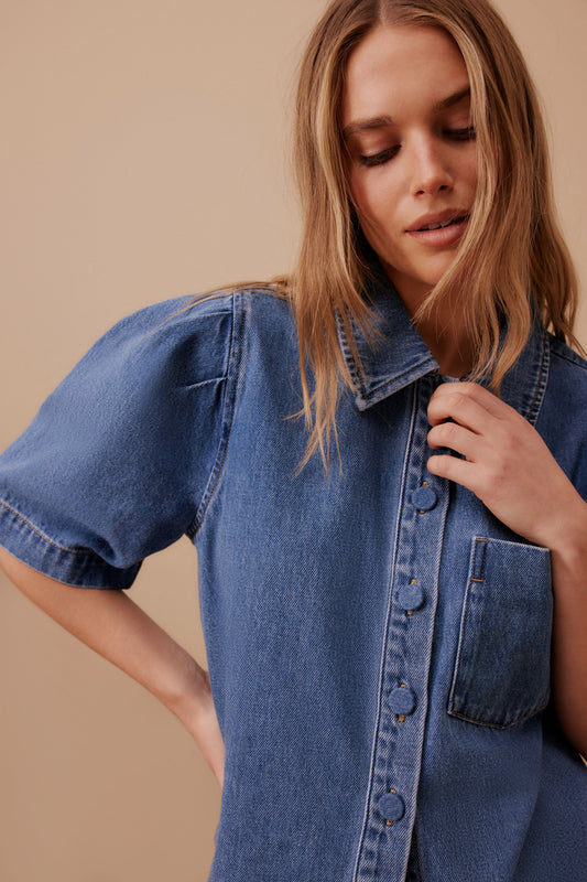 DYLAN PLEAT SLEEVE DENIM SHIRT/FRESH INDIGO