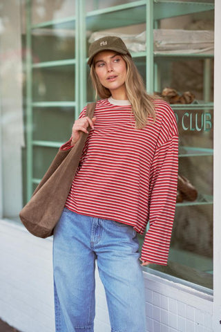 Beau Long Sleeve Slouchy Tee - Mulberry/Red/Stone Stripe