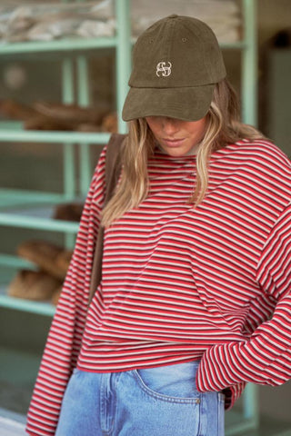 Beau Long Sleeve Slouchy Tee - Mulberry/Red/Stone Stripe