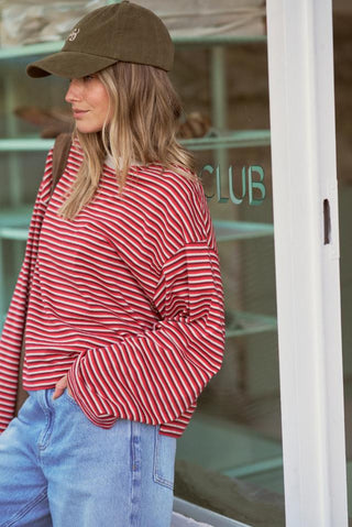 Beau Long Sleeve Slouchy Tee - Mulberry/Red/Stone Stripe