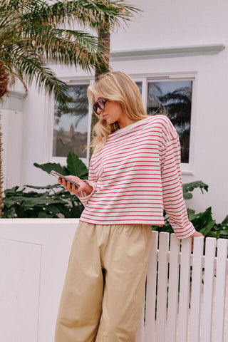 Beau Long Sleeve Slouchy Tee - Buff/Red Stripe