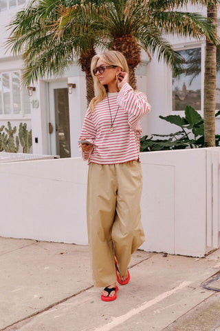 Beau Long Sleeve Slouchy Tee - Buff/Red Stripe