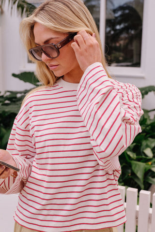 Beau Long Sleeve Slouchy Tee - Buff/Red Stripe