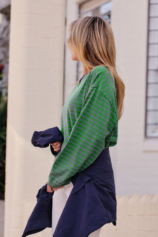 Beau Long Sleeve Slouchy Tee - Basil/Prussian Blue Stripe