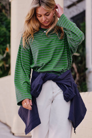 Beau Long Sleeve Slouchy Tee - Basil/Prussian Blue Stripe