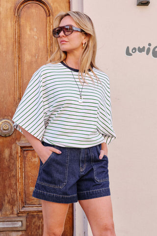 Lucy Relaxed Sleeve Tee - Basil/White Stripe
