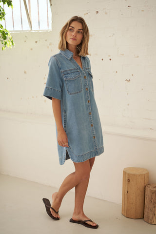 Bonnie Relaxed Shirt Dress - Vintage Blue, styled view