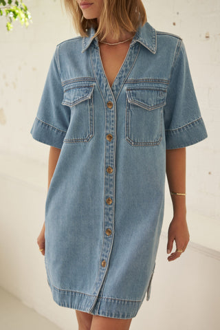 Bonnie Relaxed Shirt Dress - Vintage Blue, back view