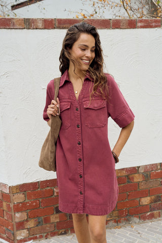 Bonnie Relaxed Shirt Dress - Mulberry, styled view