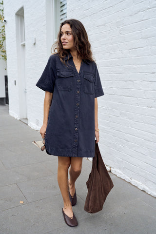 Bonnie Relaxed Shirt Dress - Washed Black, styled view