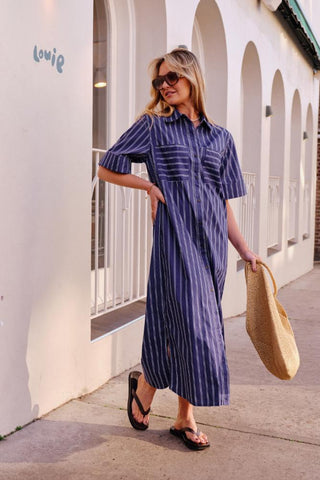Samara Midi Shirt Dress - Prussian Blue Stripe