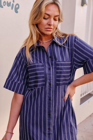 Samara Midi Shirt Dress - Prussian Blue Stripe