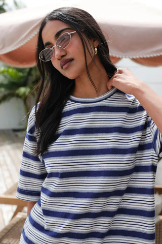 Marlowe Oversized Tunic - Buff/Prussian Blue Stripe