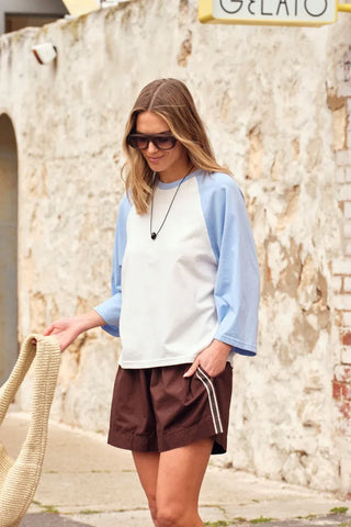 Rileigh Raglan Tee - Warm White/Sky Blue