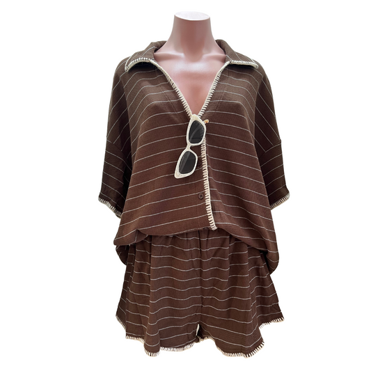 Dark Brown Stripe / Embroidered Trim Set