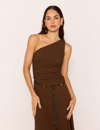 Delphine One-Shoulder Brown Midi Dress with Beaded Belt