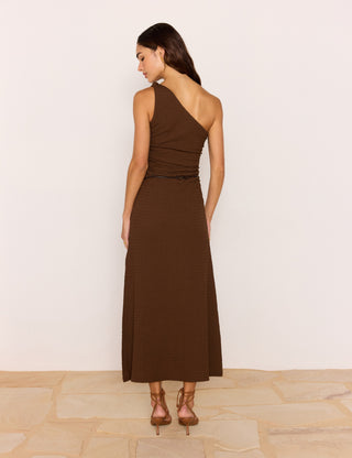 Delphine One-Shoulder Brown Midi Dress with Beaded Belt