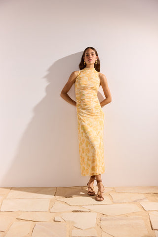 CLAIR Yellow Floral Mesh Midi Dress