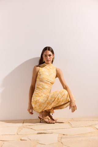 CLAIR Yellow Floral Mesh Midi Dress