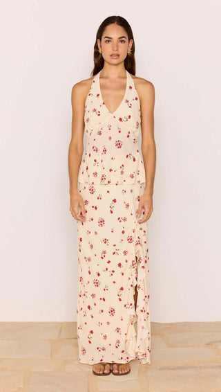 Red & Cream Floral Ruffle Bias Maxi Skirt Clemence Ruffle Bias Skirt