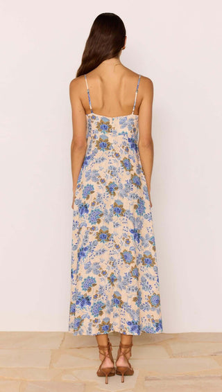 Zina Linen Blend Blue Floral Bias Midi Dress